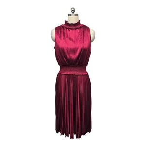 Nanette Lepore Berry Red Pleated‎ Satin Mock Neck Smocked Midi Dress Womens Sz 6